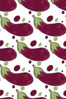 Seamless pattern. Purple eggplants with green tails, colored spots drawn in on a white background. Suitable for printing on textiles and paper, for textiles, dishes, kitchens, creativity vector