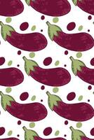 Seamless pattern. Purple eggplants with green tails, colored spots drawn in on a white background. Suitable for printing on textiles and paper, for textiles, dishes, kitchens, creativity vector