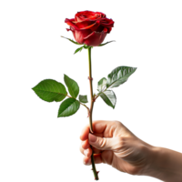 Hand holding red rose on isolated transparent background png