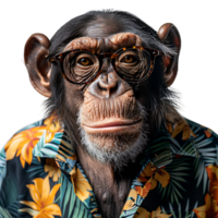 Chimpanzee wearing glasses and tropical shirt on isolated transparent background png