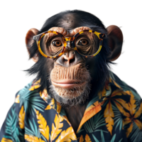 Chimpanzee wearing glasses and tropical shirt on isolated transparent background png