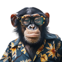 Chimpanzee wearing glasses and tropical shirt on isolated transparent background png