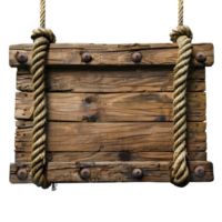 Roped wooden sign board on isolated transparent background png