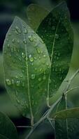 close-up water drops after rain on green leaf macro photo