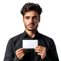 Man holding a business card on isolated transparent background png