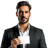 Man holding a business card on isolated transparent background png