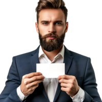 Man holding a business card on isolated transparent background png