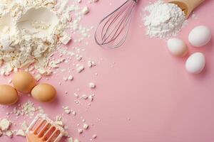 Background for baking. Flour, eggs, whisk on a pink pastel background. photo
