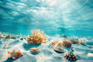 Sea shells, tropic fishes bright corals underwater in the ocean. photo