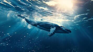 Large whale floating underwater. Concept for World Ocean Day. photo