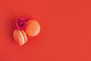 Tasty french macarons with rose flower on a red background. photo