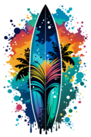 A surfboard stands vertically with a vibrant design featuring a beach sunset and ocean waves png