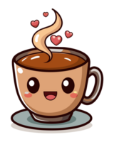 un sonriente taza de café con un linda cara emite vapor ese giros dentro corazón formas, sugerencia calor y amor png