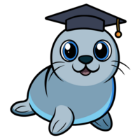 A cartoon seal is wearing a graduation cap and smiling. png