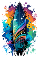 A surfboard stands vertically with a vibrant design featuring a beach sunset and ocean waves png