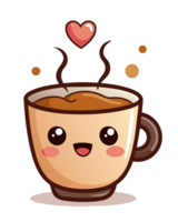 A smiling cup of coffee with a cute face emits steam that twists into heart shapes, suggesting warmth and love png