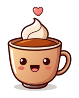 une souriant tasse de café avec une mignonne visage émet vapeur cette rebondissements dans cœur formes, suggérant chaleur et l'amour png