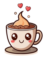 A smiling cup of coffee with a cute face emits steam that twists into heart shapes, suggesting warmth and love png