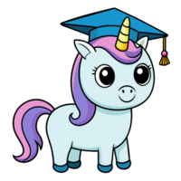 A cartoon unicorn is wearing a graduation cap and smiling. png