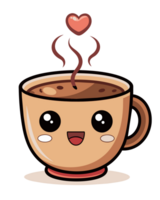 A smiling cup of coffee with a cute face emits steam that twists into heart shapes, suggesting warmth and love png