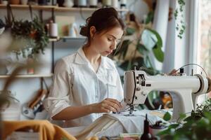 mujer de coser en un moderno de coser máquina en un Sastre estudio. foto