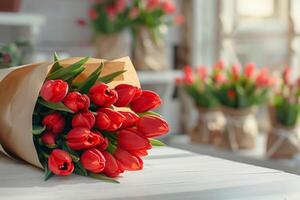 ramo de flores de rojo tulipanes envuelto en un arte papel en un blanco de madera mesa. borroso moderno flor tienda en un antecedentes. foto