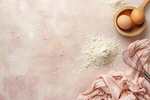 Background for baking. Flour, eggs, whisk on a light pink pastel background. photo