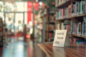 Decor sign with white text world book day on a table. Modern library on blurred background. photo