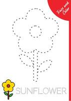 trace book for kids. Coloring and trace cartoon the sunflower. Activity for preschool and school children. Education worksheet Printable A4 size vector
