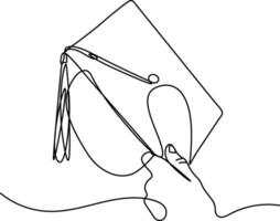 Continuous one line drawing of hand holding graduation hat vector