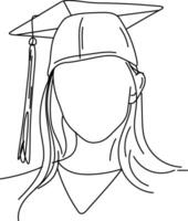 uno continuo línea dibujo de niña en graduado sombrero vector