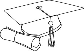 Continuous one line drawing of graduation cap with books, black mortar board cap line art illustration. vector