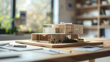 Model of house and folder with documents on a table in real estate agency on background. photo