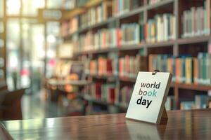 Decor sign with white text world book day on a table. Modern library on blurred background. photo