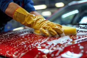 Male hands in rubber gloves of a car wash worker polishing a car with sponge. photo