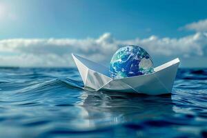blanco papel barco con modelo de tierra en el oscuro azul mar agua. concepto para mundo Oceano día. foto