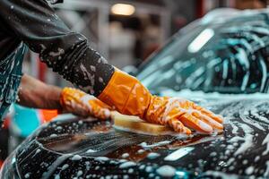 Male hands in rubber gloves of a car wash worker polishing a car with sponge. photo