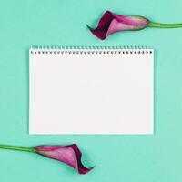 Beautiful violet calla lilies and notebook with blank page on turquoise background. photo