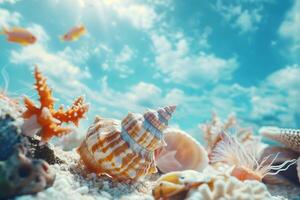 Sea shells, tropic fishes bright corals underwater in the ocean. photo