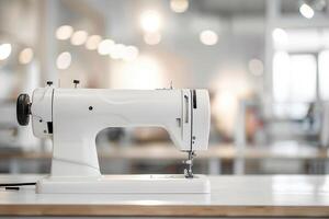 Sewing machine on blurred background in a modern interior fashion design studio. photo