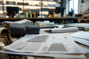 Tailor table with folders of sketches and fabrics. Modern sewing studio on a background. photo