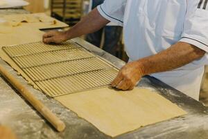 Chef male hands working with dough on a table in a bakery. photo