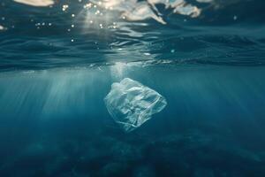 Plastic bag floating under the water in the ocean. photo