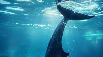 Close up dolphin tail in the deep sea water. Concept for World Ocean Day. photo