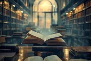 Open book on a table with stacks of books on the sides. Blurred old library on a background. photo