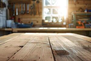 Empty wooden table in a carpenter workshop with carpenter's tools. photo