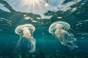 Jelly fishes floating under the water in the ocean. photo