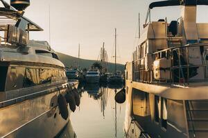 Amazing view of a marina and boats in Porto Montenegro on a sunset. photo
