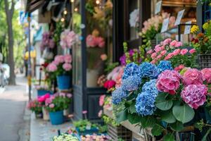 flor tienda decorado con diferente flores en un ollas. borroso calle en un antecedentes. foto