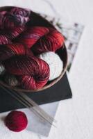 Skeins and balls of wool yarn for hand knitting in a basket. Concept for handmade. photo